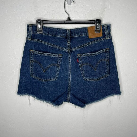 Levis Blue Medium Wash Ribcage Denim High Waisted Button Fly Shorts - Picture 4 of 9